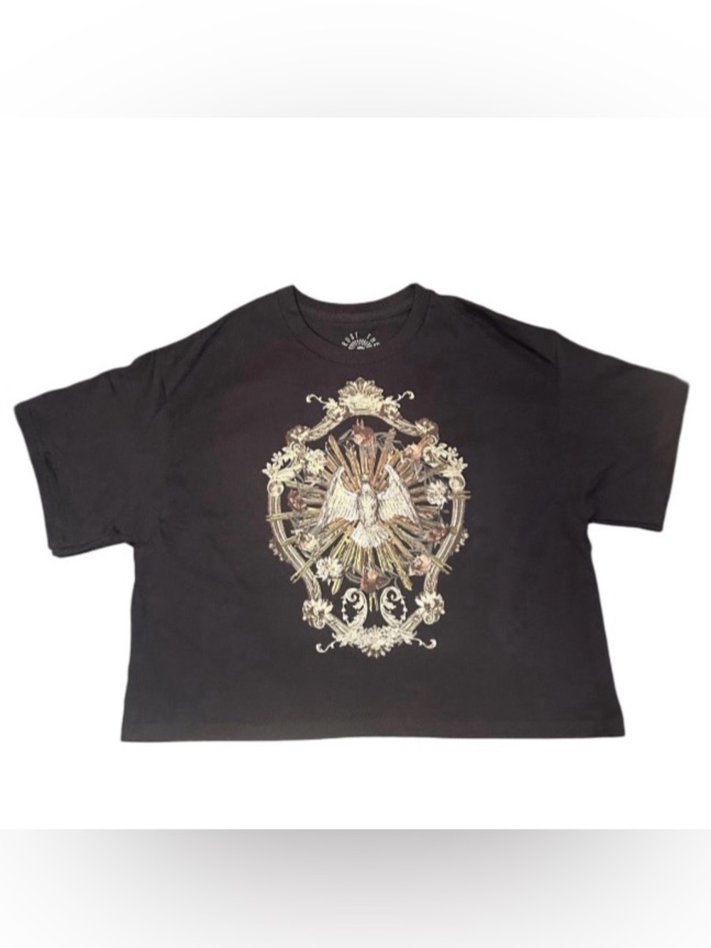 Trust The Universe Black Crop Cotton Tee Vtg Style Graphic Crest Wings T-Shirt L